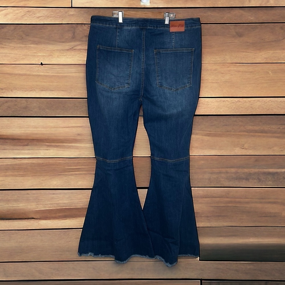 Home Folk Distressed Women's Dark Wash Blue Flare Jeans - Picture 7 of 14